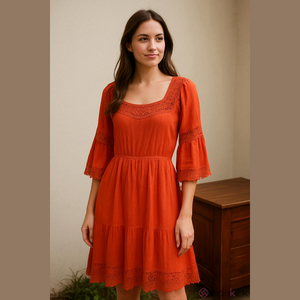Floral crocheted Lace dress with square neckline